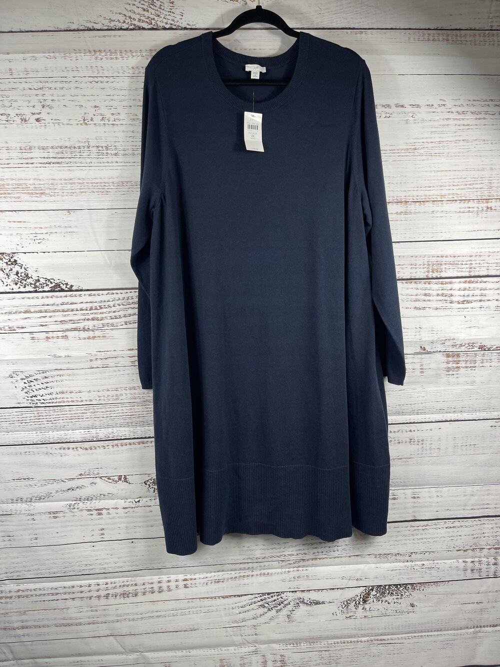 J Jill Dress Women's 2X Navy Blue Solid Knit Sweater Midi Long Sleeve Crew Neck